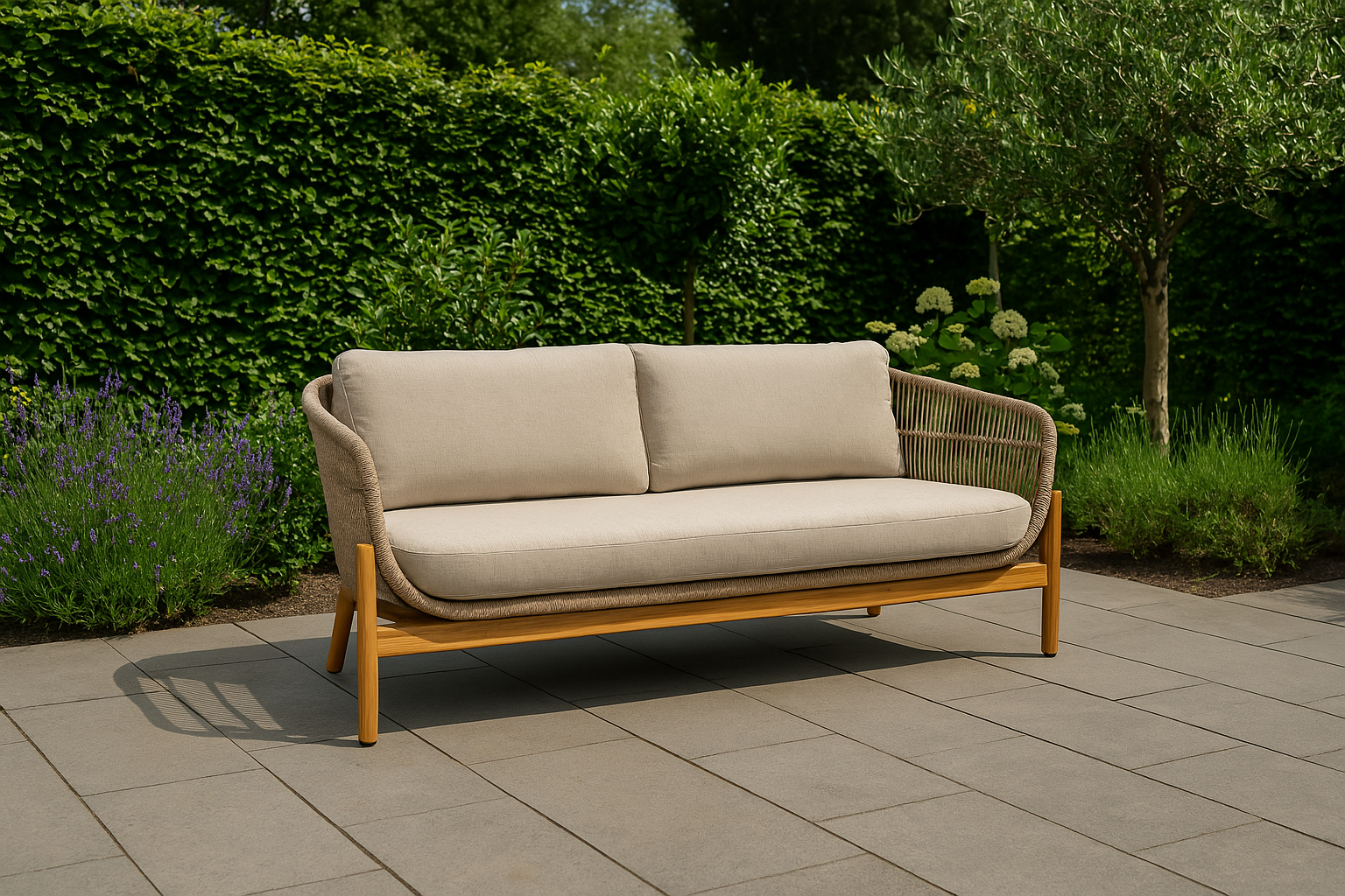 Terracina Lounge Sofa – Acaciahout & Rope – Beige Kussens – Inclusief Zit- en Rugkussens